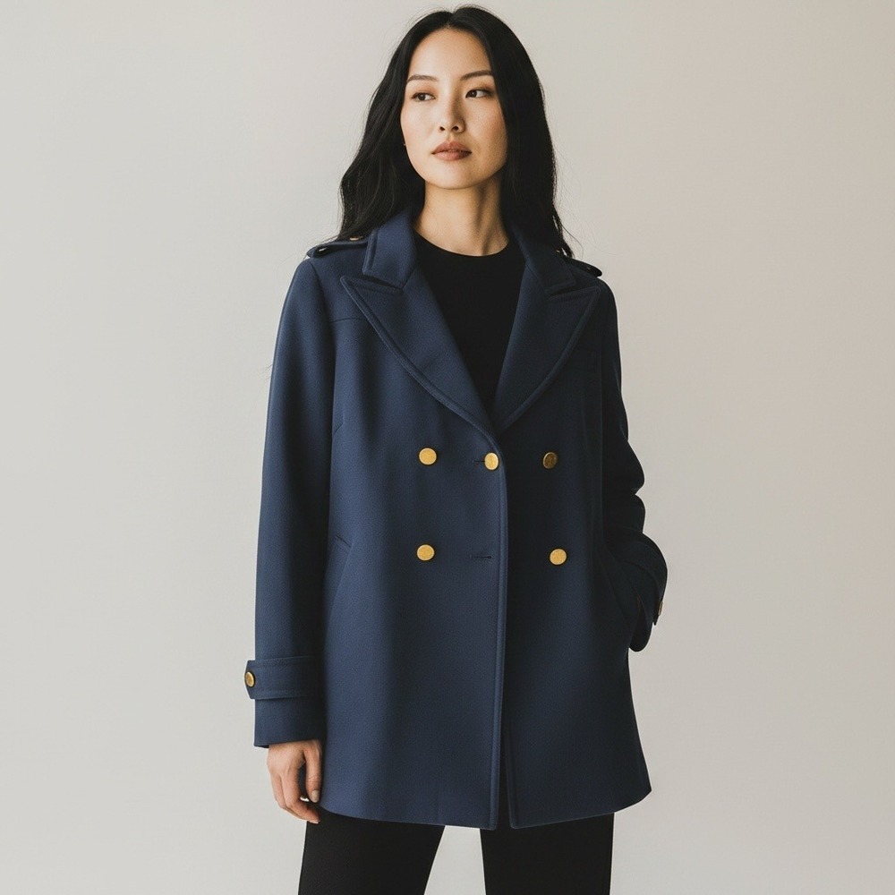 Tommy Hilfiger Pea Coat 8 Navy Blue Wool Gold Button Pleated Back Nautical